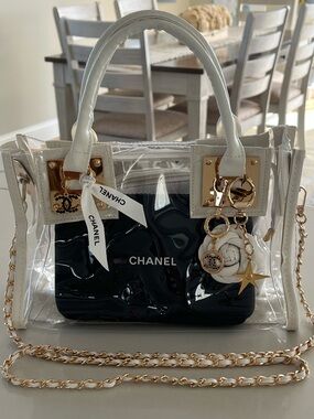Custom Upcycled Chanel Beauté Clear Bag w Authentic Charms, Ribbon & Makeup Bag